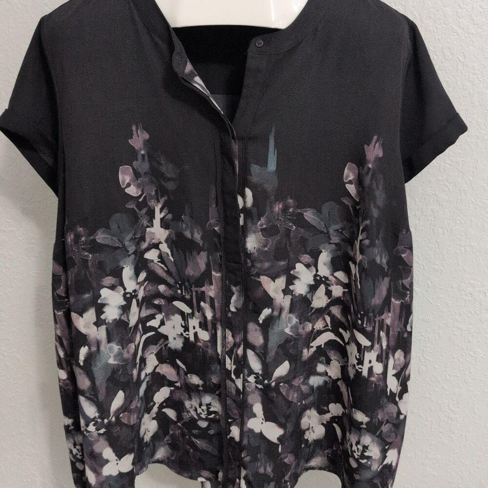 Simply Vera Vera Wang Womens 2X Short Sleeve Black Floral Print Blouse